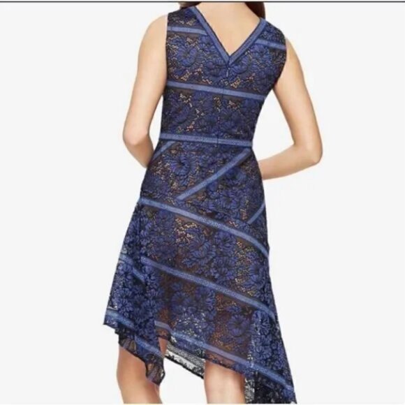 BCBGMAXAZRIA Mary Ann Navy Lined Lace Asymmetric Sleeveless Dress Size 10 - Picture 1 of 9